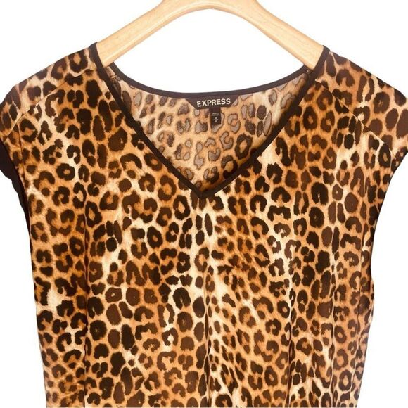 Express Leopard Satin V‑Neck Blouse Short Sleeve Flowing Silky Top Size M | EUC - Picture 2 of 9